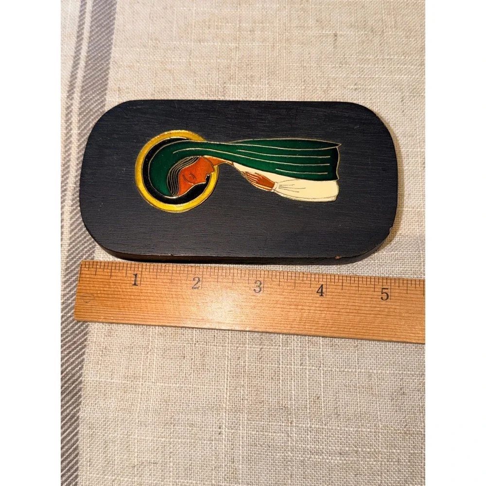 Vintage Cre Art SA Mexico Mary Wood Brass Plaque Enamel Mid Century Modern Art